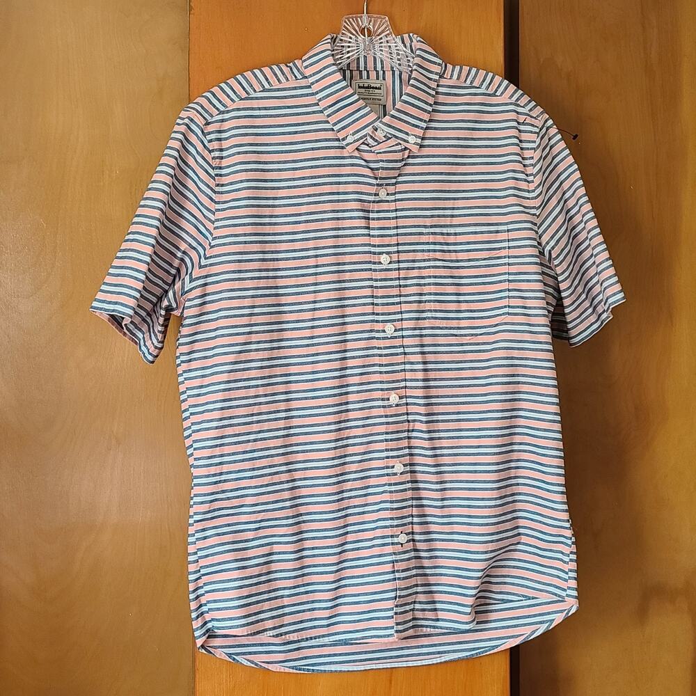 Mens L.L. Bean Striped Button-down SS Shirt Medium Slightly Fitted
